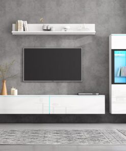 Merax Mueble de pared para TV LED, mueble de pared de alto brillo con luces LED, moderno mueble expositor y estante colgante, mueble de salón con mecanismo de empuje para abrir, color blanco