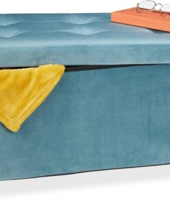 Relaxdays Banco Almacenaje, Acolchado, Terciopelo, Patas Madera, hasta 120 kg, Plegable, 34 x 76 x 38 cm, Turquesa
