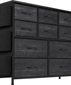 Cofres, Marco de Metal Cajonera con 10 cajones de Tela, Mueble de Almacenamiento con Tapa de Madera, 30 x 99 x 89 cm, cómoda para Dormitorio, Dormitorio, salón, Pasillo, Color Negro