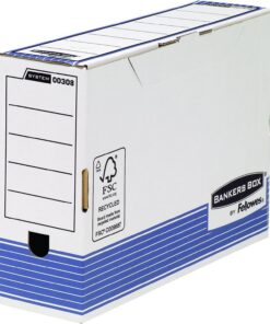Bankers Box 00308 - Caja de archivo definitivo automático, folio, lomo 100 mm, blanco/azul