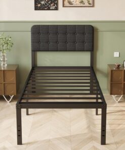 Lutown-Teen 90 x 200 cm Marco de Cama de Metal con Cabecero Tapizado Negro | Altura 36 cm, Soporte de Lamas de Acero,Amplio Almacenamiento Debajo de la Cama, Fácil Montaje, Libre de Ruidos