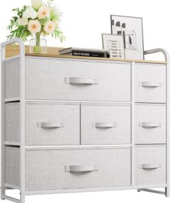 YITAHOME Comoda 7 cajones,Cajonera de Tela,Sinfonier,Robusta Estructura metálica,para Dormitorio, Salón, Pasillo,Gris Claro
