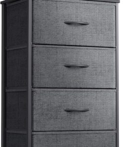 ODK Cómoda con 4 cajones altos de tela para dormitorio, pasillo, armario, marco de acero y parte superior de madera (gris oscuro)