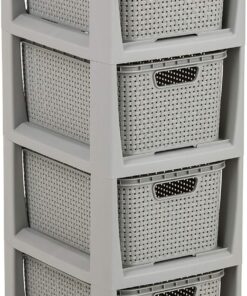 BranQ - Home Essential Estantería en diseño de ratán, plástico PP sin bisfenol A, Color Gris Claro, 29,5 x 24 x 64,2 cm, 4 cestas