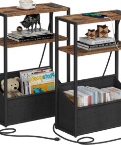 TUTOTAK Mesa auxiliar estrecha pequeña, juego de 2 mesitas de noche con estación de carga, mesa auxiliar con almacenamiento, mesita de noche para espacios pequeños, sala de estar, dormitorio, marrón