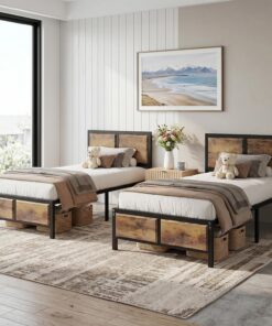 VECELO Juego de 2 Marcos de Cama de 90 x 200 cm para Cama Individual con cabecero de Madera Gruesa y somier de láminas de Metal, Espacio de Almacenamiento Debajo de la Cama, Marco de Cama Resistente