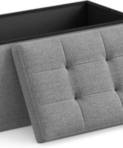 SONGMICS Puff Almacenaje, Baúl de Almacenaje Plegable, 38 x 76 x 38 cm, Taburete Reposapiés, Banco de Cubo, Soporta hasta 300 kg, para Sala de Estar, Dormitorio, Entrada, Gris Ceniza LSF47G