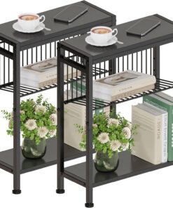 Mesa Auxiliar Estrecha con 3 Estantes, Mesita de Noche Estrecha con Soporte para Revistas, Mueble Auxiliar para Sofá Centro Pequeña para Sala de Estar Dormitorio Cocina Balcón Oficina (Negro puro)