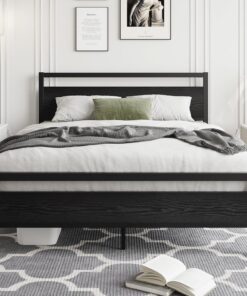 HOJINLINERO Marco de cama de metal de madera, estructura de cama de metal de 120 x 200 cm con somier, cama doble para invitados, cama juvenil con espacio de almacenamiento, color negro