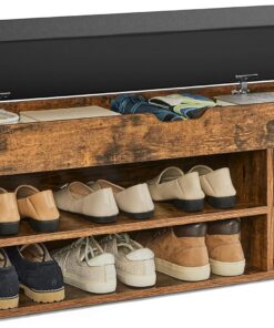 VASAGLE Custos Colección - Banco Zapatero con Cojín, Banco de Almacenamiento, 3 Compartimentos, Estantes, Sala de Estar, Pasillo, Dormitorio, Carga de 150 kg, Marrón Rústico LHS130B01