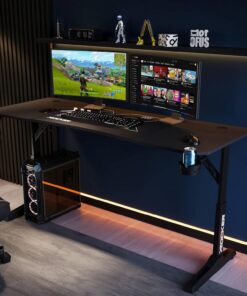 X-Rocker Cougar XL - Escritorio de pie para juegos de 160 x 60 cm, monitor doble grande, sentado y de pie, altura ajustable, marco de metal resistente para adultos y niños, color negro, alfombrilla de
