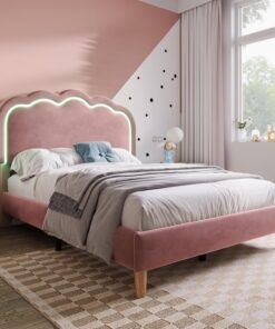 Merax Marco de cama individual, cama individual tapizada de 91 cm, cabecero LED en forma de abombado de altura ajustable, soporte de listones de madera resistente, tela de terciopelo (sin colchón