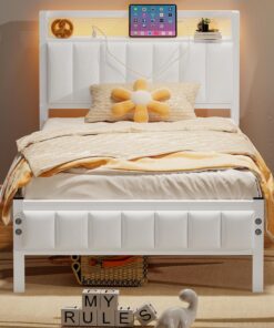 Marco de cama individual con cabecero de almacenamiento y estación de carga/luces LED, marco de cama de metal resistente, no necesita somier, base de cama sólida, soporte de listones de acero