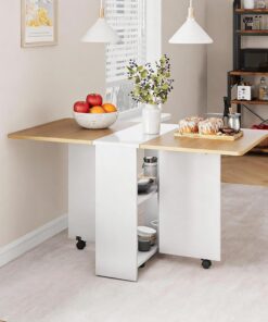 Mesa de comedor plegable, mesa de cocina de hoja caída, extensible con estante de almacenamiento de 2 niveles, diseño plegable que ahorra espacio, móvil con ruedas, escritorio compacto multiusos para
