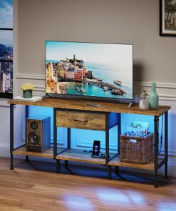 Mueble de TV 120cm con LED, Enchufe y Estantes, Marrón Rústico | Mesa de televisión, TV hasta 55″, Cajón de tela, Mueble bajo salón, 120 x 30 x 51,8 cm, Sala de estar, Dormitorio
