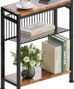 Mesa Auxiliar Estrecha 3 Estantes,Mesita de Noche Estrecha con Soporte para Revistas, Mueble Auxiliar para Sofá Centro Pequeña para Sala de Estar Dormitorio Cocina Balcón Oficina Madera