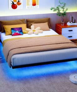 HOJINLINERO Cama de 140 x 190 cm con iluminación LED y estación de carga, marco de cama flotante de 140 x 190 cm, cama de metal con somier, cama doble robusta y estable, cama de invitados, fácil