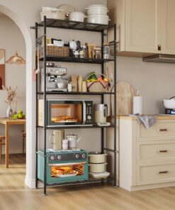 NETEL estanterias almacenaje Cocina de 5 baldas，estanteria Metalica,Altura de los estantes Regulable,Storage Shelves con 4 Ganchos,84 × 32 × 182 cm (L × An × Al)，Negro