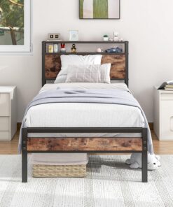 HOJINLINERO Estructura de cama de 90 x 200 cm con somier, marco de cama individual de metal, cama de metal de 90 x 200 cm, cama con espacio de almacenamiento, cama de invitados, cama juvenil, color