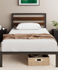 Zinus Cama Kai de 90 x 200 cm – 80 cm de Alto – Somier de bambú y Metal sostenible con cabecero – Cama de Metal con somier – Espacio bajo Cama – Fácil Montaje – Negro y marrón