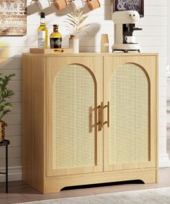 Credenza - Aparador tipo bufé de 30 x 15.6 x 31.5 pulgadas, almacenamiento con 2 puertas y estantes de ratán, mesa de consola moderna, armario de bar de café para sala de estar, cocina, pasillo