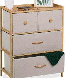 Relaxdays Cómoda de Bambú, 4 Cajones Tela, Cajonera Salón, Aparador Dormitorio, 73 x 57,5 x 30 cm, Natural y Beige