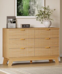 BORNOON Cómoda acanalada de 6 cajones, cómoda moderna bohemia de 47.2 pulgadas de ancho, cómoda de almacenamiento de madera para dormitorio, sala de estar, armario, pasillo, diseño de perfil curvado