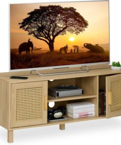 Relaxdays Mueble TV, Diseño Ratán, Mesa para Televisiones hasta 50", Efecto Madera, 48x115x40 cm, Cómoda Tele, Natural