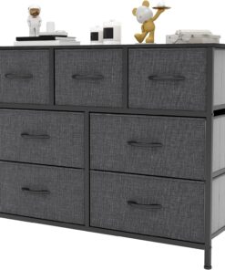 YITAHOME Comoda 7 Cajones,Cajonera de Tela,Sinfonier,Robusta Estructura metálica,Cómoda con Tapa de Madera,Negro y Gris