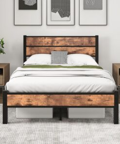 HOMERECOMMEND Estructura de cama de metal de 120 x 200 cm con somier de láminas con cabecero de madera y reposapiés, plataforma de metal resistente, marco de cama de 120 x 200 cm, color negro y marrón