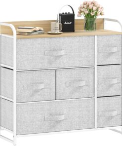 DWVO Cómoda de Tela con 7 cajones, cómoda para Dormitorio, Sala de Estar con Asas, Parte Superior de Madera y Marco de Acero Resistente, Color Gris Claro