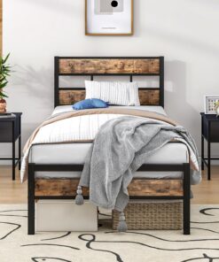 HOJINLINERO Cama de metal 90 x 200 cm, marco de cama de madera con somier, cama de madera y metal, moderna, 90 x 200 cm, color marrón y negro