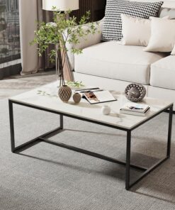 FATIVO Mesa Centro Salon de Mármol: Mesa Baja de 100x60x40cm con Marco Metálico, Mesa Auxiliare para Salon de Piedra Sinterizada para Estilo Moderno Nórdico, Ideal para Sofá (Blanco)