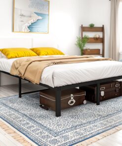 HOMERECOMMEND Cama de metal, 140 x 200 cm, con somier de láminas de metal, fácil montaje, gran espacio de almacenamiento, negro