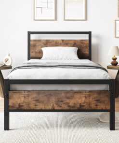 Estructura de cama de metal y madera, 90 x 200 cm, con somier, cama de invitados, cama juvenil con espacio de almacenamiento, marco de metal marrón y negro