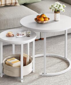 YITAHOME Juego de 2 Mesas de Centro Redondas, Mesa de Salón Moderna con Bolsa de Tela para Almacenamiento, Juego de 2 Unidades, Apilables con Placa de Madera y Marco de Metal