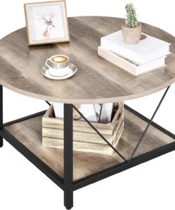 YITAHOME Mesa de Centro Redonda para Sala de Estar, Mesa Central Retro con Estante de Almacenamiento, Mesa de Centro Industrial Moderna de 2 Niveles, hogar, Oficina