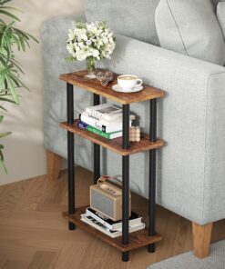 APICIZON Mesa Auxiliar de 3 Niveles, Mesa Auxiliar Sofa Estrecha, Mesita Auxiliar Salon de Estar con Almacenamiento, Ideal para Sala de Estar, balcón, Dormitorio y Estudio, Marrón