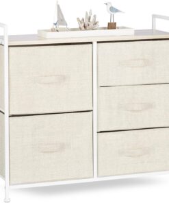 Relaxdays Cajonera Multiusos con 5 Cajones, Metal-Tela, Beige, 77.5 x 83 x 29 cm