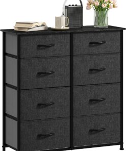 DWVO Cómoda de Tela con 8 cajones, cómoda para Dormitorio, Sala de Estar con Asas, Parte Superior de Madera y Marco de Acero Resistente, Color Negro y Gris