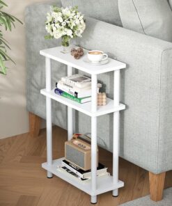 APICIZON Mesa Auxiliar de 3 Niveles, Mesa Auxiliar Sofa Estrecha, Mesita Auxiliar Salon de Estar con Almacenamiento, Ideal para Sala de Estar, balcón, Dormitorio y Estudio, Blanco