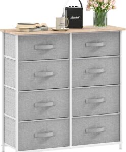 DWVO Cómoda de Tela con 8 cajones, cómoda para Dormitorio, Sala de Estar con Asas, Parte Superior de Madera y Marco de Acero Resistente, Color Gris Claro