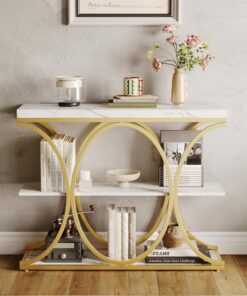 Garvee Mesa Consola de 100 x 30 x 80 cm, Mesa de Entrada Industrial de 3 Niveles con Marco metálico en círculo, Mesa Auxiliar con estantes de Madera, para Entrada, Pasillo, Sala, Dorado y Blanco