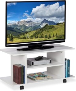 Relaxdays Mueble TV Ruedas, 4 Compartimentos Abiertos, Mesa Televisión, Tablero de Partículas, 40 x 80 x 40 cm, Blanco