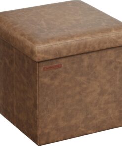 SONGMICS Puff Almacenaje de 38 cm, Banco de Almacenamiento Plegable con Tapa, Reposapiés, Cuero Sintético, Carga de 300 kg, para Entrada, Sala de Estar, Dormitorio, Marrón Café LSF010K01