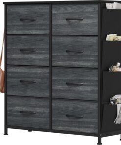 YITAHOME Cajonera de Tela con Bolsillos Laterales, Ganchos,Cómoda de Tela,Unidad de Almacenamiento,con 8 cajones Extraíbles,Cómoda de para Sala de Estar,Dormitorio, Grano de Madera Negro
