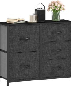 DWVO Cómoda de Tela con 5 cajones, cómoda para Dormitorio, Sala de Estar con Asas, Parte Superior de Madera y Marco de Acero Resistente, Color Negro y Gris