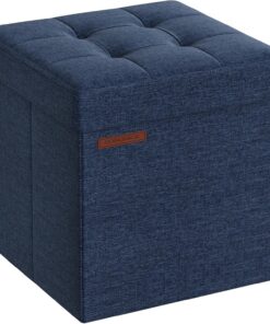 SONGMICS Puff Almacenaje 38 cm, Baúl de Almacenaje, Taburete Reposapiés, Azul Medianoche LSF27Q02