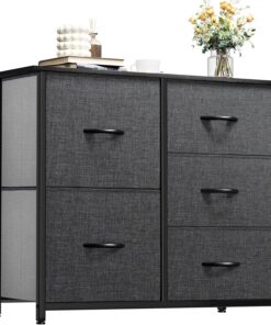 YITAHOME Comoda 5 Cajones,Cajonera de Tela,Sinfonier,Robusta Estructura metálica,para Dormitorio, Salón, Pasillo,Negro y Gris