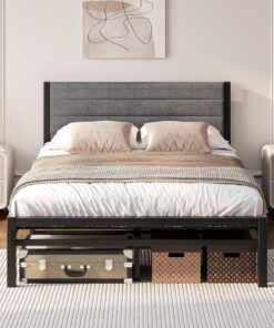 Cama tapizada de 120 x 200 cm, marco de cama de 120 x 200 cm, con somier de láminas de metal, con pedestal acolchado, moderna cama individual de invitados, cama de metal con cabecero, gris